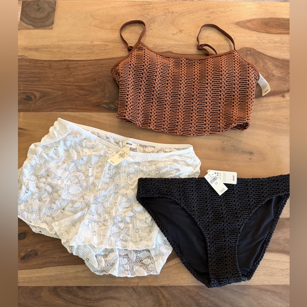 Aerie Boho Swim Bundle NWT | Crochet Bikini Set + Lace Cover Up Shorts